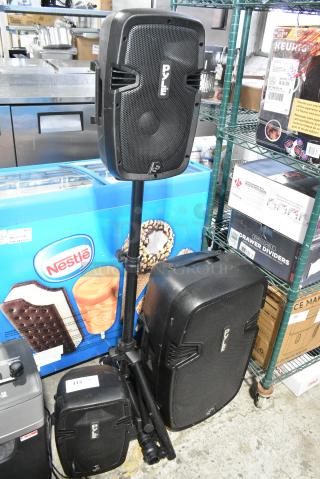 3 Pyle Speakers w/ 1 Tripod Stand. Includes PPHP1537UB, PPHP849KT. 3 Times Your Bid!