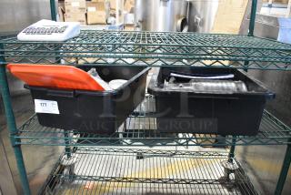 ALL ONE MONEY! Tier Lot of Various Items Including Metal Pitcher, Stainless Steel Drop In Bin Lids, Clear Poly Pitcher, Utensils and Bus Bins