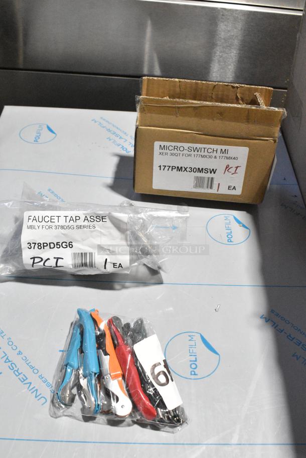 3 BRAND NEW SCRATCH AND DENT! Items Including 378PD5G6 Avantco 177PD3G6 Faucet and Push Lever Assembly for D3G Series Refrigerated Beverage Dispensers, Avantco 177PMX30MSW Microswitch, Corkscrews. 3 Times Your Bid! - Image 1 of 7