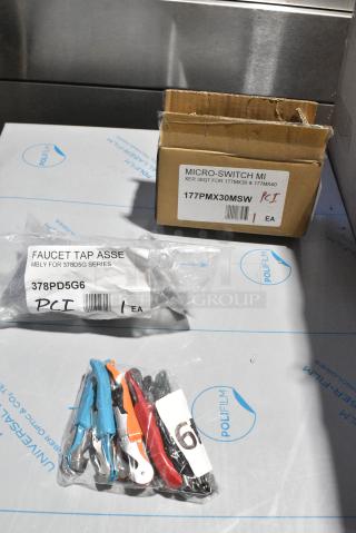 3 BRAND NEW SCRATCH AND DENT! Items Including 378PD5G6 Avantco 177PD3G6 Faucet and Push Lever Assembly for D3G Series Refrigerated Beverage Dispensers, Avantco 177PMX30MSW Microswitch, Corkscrews. 3 Times Your Bid!