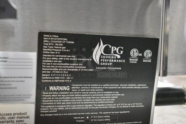 BRAND NEW SCRATCH AND DENT! 2024 Cooking Performance Group 351GTCPG72NL Stainless Steel 72" Natural Gas Countertop Griddle with Thermostatic Controls - 180,000 BTU. - Image 9 of 9