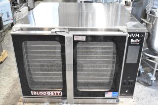 LIKE NEW! 2023 Blodgett HVH-100G Stainless Steel Commercial HydroVection Single Natural Gas Powered Full Size Convection Oven w/ View Through Doors, Metal Oven Racks and Thermostatic Controls. 60,000 BTU.