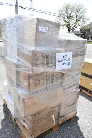 38 BRAND NEW SCRATCH AND DENT! Boxes Including 3 394360L Noble Products Clear Powdered Disposable Vinyl Gloves for Foodservice - Large - 1,000/Case, 485WB9MULTIW Choice 9" Multicolor Stripe Extra Wide Pointed Wrapped Boba Straw - 1,600/Case, 500L1020BHT Choice Black Hot Paper Cup Travel Lid with Hinged Tab for 10-24 oz. Standard Cups and 8 oz. Squat Cups - 1,000/Case, 2 600MP96381C Hinged Clamshell Container. 38 Times Your Bid!