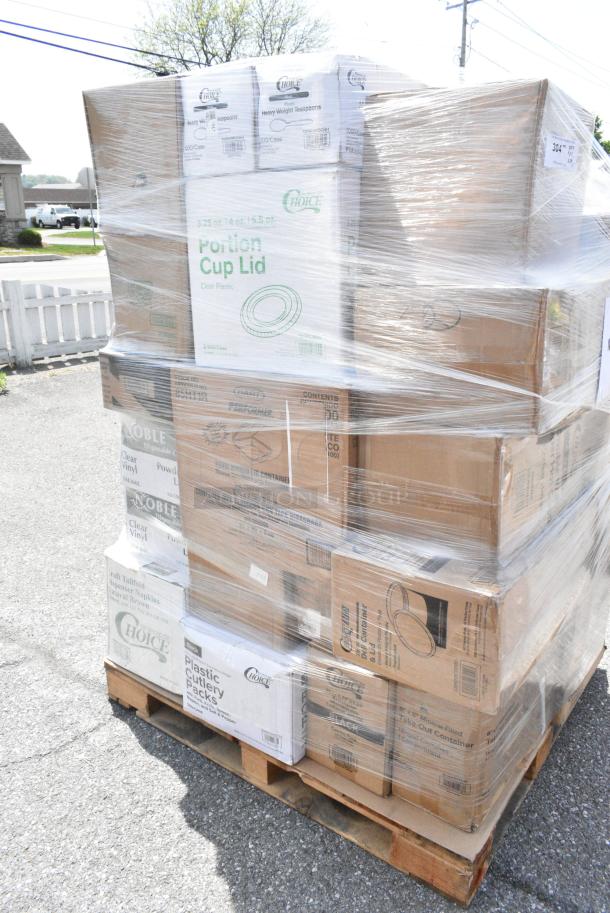 38 BRAND NEW SCRATCH AND DENT! Boxes Including 3 394360L Noble Products Clear Powdered Disposable Vinyl Gloves for Foodservice - Large - 1,000/Case, 485WB9MULTIW Choice 9" Multicolor Stripe Extra Wide Pointed Wrapped Boba Straw - 1,600/Case, 500L1020BHT Choice Black Hot Paper Cup Travel Lid with Hinged Tab for 10-24 oz. Standard Cups and 8 oz. Squat Cups - 1,000/Case, 2 600MP96381C Hinged Clamshell Container. 38 Times Your Bid! - Image 2 of 5