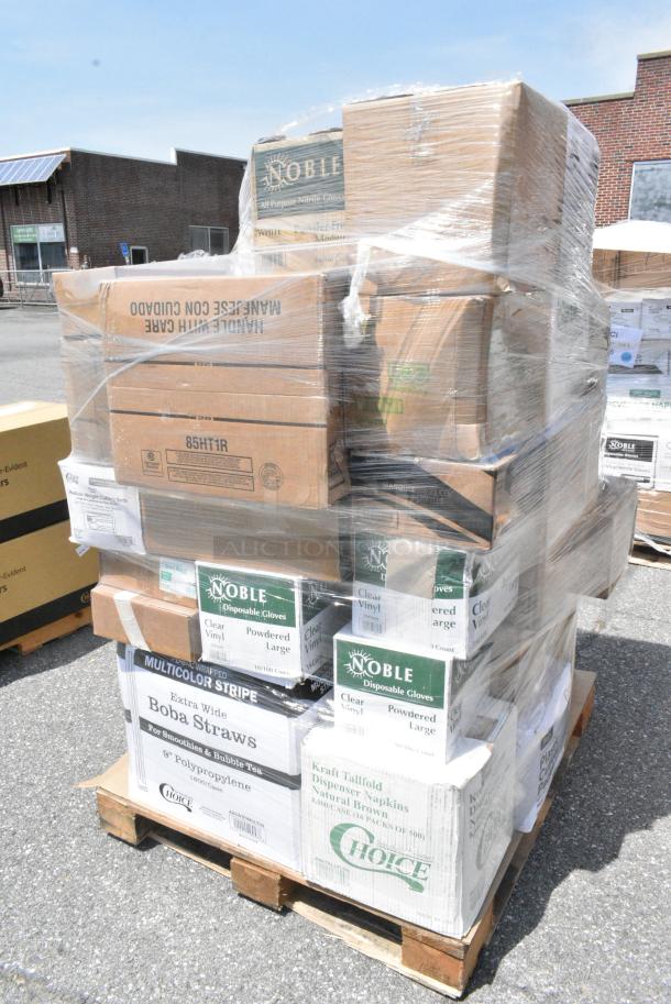 38 BRAND NEW SCRATCH AND DENT! Boxes Including 3 394360L Noble Products Clear Powdered Disposable Vinyl Gloves for Foodservice - Large - 1,000/Case, 485WB9MULTIW Choice 9" Multicolor Stripe Extra Wide Pointed Wrapped Boba Straw - 1,600/Case, 500L1020BHT Choice Black Hot Paper Cup Travel Lid with Hinged Tab for 10-24 oz. Standard Cups and 8 oz. Squat Cups - 1,000/Case, 2 600MP96381C Hinged Clamshell Container. 38 Times Your Bid! - Image 3 of 5
