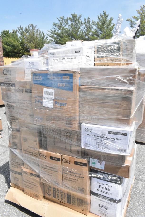 38 BRAND NEW SCRATCH AND DENT! Boxes Including 3 394360L Noble Products Clear Powdered Disposable Vinyl Gloves for Foodservice - Large - 1,000/Case, 485WB9MULTIW Choice 9" Multicolor Stripe Extra Wide Pointed Wrapped Boba Straw - 1,600/Case, 500L1020BHT Choice Black Hot Paper Cup Travel Lid with Hinged Tab for 10-24 oz. Standard Cups and 8 oz. Squat Cups - 1,000/Case, 2 600MP96381C Hinged Clamshell Container. 38 Times Your Bid! - Image 4 of 5