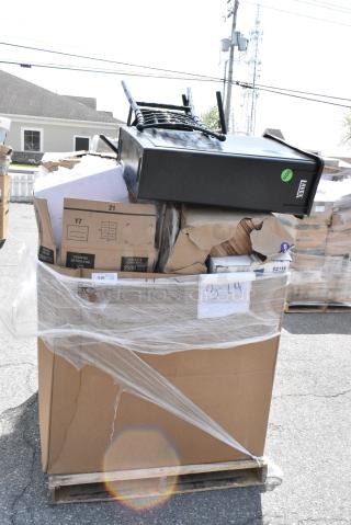 20 BRAND NEW SCRATCH AND DENT! Boxes Including 130SCB048BLK Visions 48 oz. Black PET Plastic Square Catering / Serving Bowl - 300/Case, Dart 60HTB1 6" x 6" x 3" Black Foam Hinged Lid Container - 500/Case, 130SCB048BLK Visions 48 oz. Black PET Plastic Square Catering / Serving Bowl - 300/Case, Lavex Slim Jim Trash Can, Black Chair, Dart C90PST1 ClearSeal Hinged Lid Plastic Container 8 1/4" x 8 1/4" x 3" - 250/Case. 20 Times Your Bid!