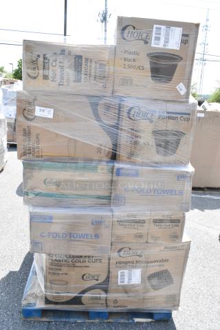 32 BRAND NEW SCRATCH AND DENT! Boxes Including CHoice 4 oz Portion Cups, Lavex C Fold Towels, 2 Choice Take Out Lids, 500CC10 Choice 10 oz. Clear PET Plastic Cold Cup - 1,000/Case 500CC10, Choice Cutlery Sets, 760SOUP12K Choice 12 oz. Kraft Poly-Coated Paper Food Cup - 1,000/Case. 32 Times Your Bid!