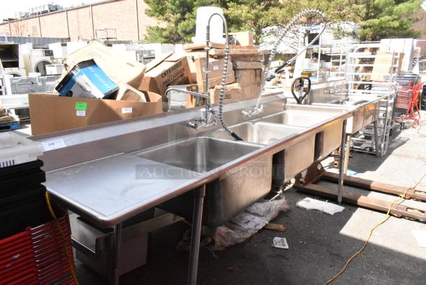Stainless Steel 3 Bay Sink w/ Left Side Drain Board, Faucet, Handles and Spray Nozzle Attachments. - Image 1 of 11