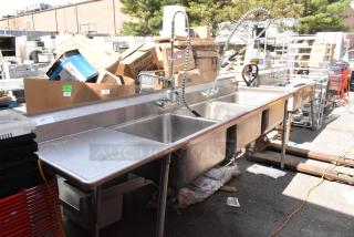 Stainless Steel 3 Bay Sink w/ Left Side Drain Board, Faucet, Handles and Spray Nozzle Attachments.