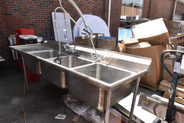 Stainless Steel 3 Bay Sink w/ Left Side Drain Board, Faucet, Handles and Spray Nozzle Attachments. - Image 2 of 11