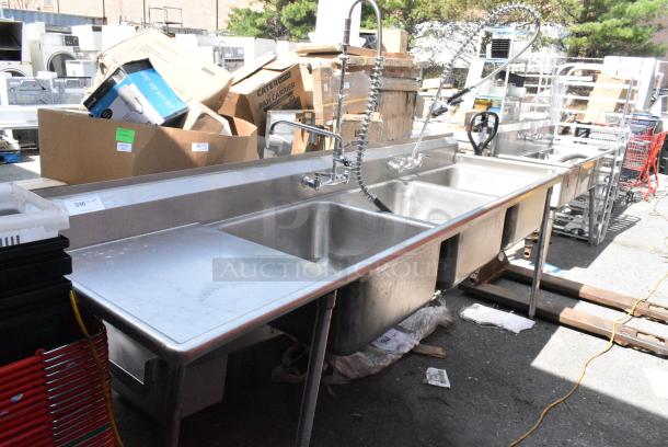 Stainless Steel 3 Bay Sink w/ Left Side Drain Board, Faucet, Handles and Spray Nozzle Attachments. - Image 7 of 11