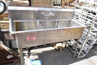 Stainless Steel 3 Bay Sink w/ Faucet and Handles.