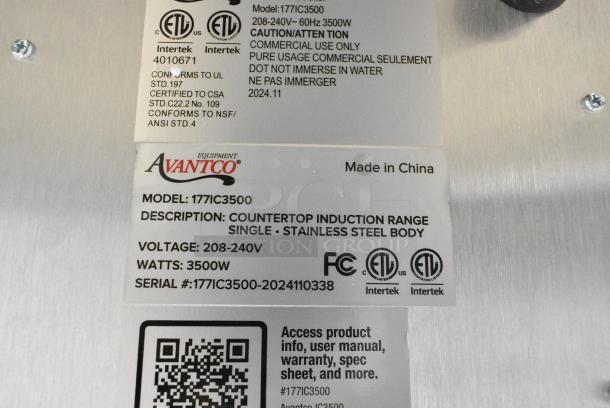 BRAND NEW SCRATCH AND DENT! 2024 Avantco 177IC3500 Countertop Induction Range / Cooker - 208-240 Volts, 1 Phase. - Image 7 of 7