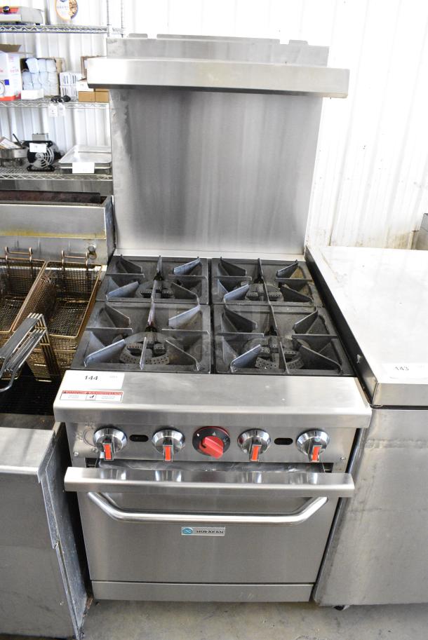 Hurakan Stainless Steel Commercial Floor Style Natural Gas Powered 4 Burner Range w/ Oven, Over Shelf and Back Splash. - Image 1 of 12