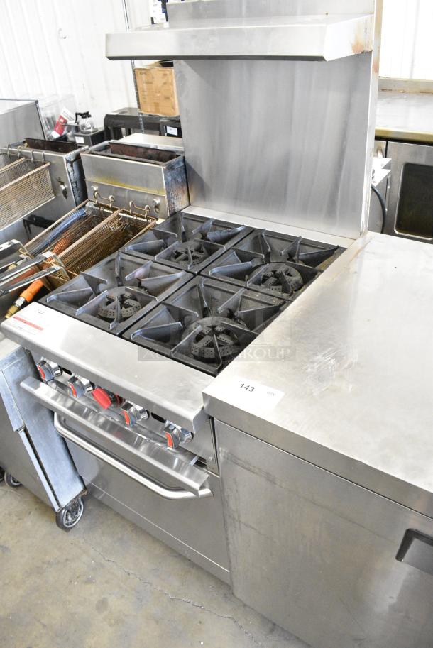 Hurakan Stainless Steel Commercial Floor Style Natural Gas Powered 4 Burner Range w/ Oven, Over Shelf and Back Splash. - Image 3 of 12