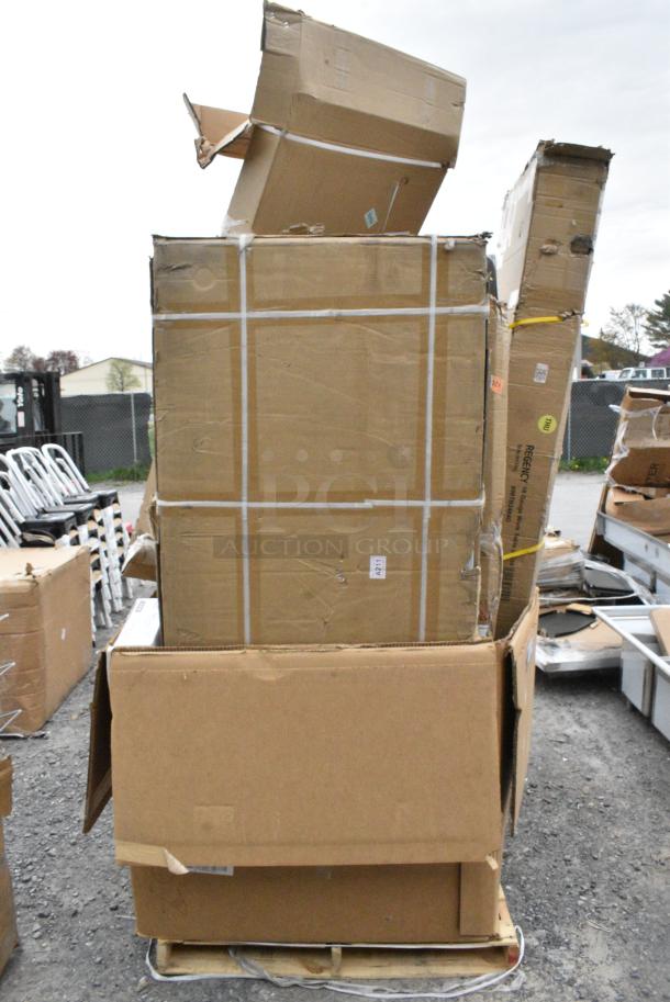 16 BRAND NEW SCRATCH AND DENT! Items Including 600TS3072S Regency 30" x 72" 16-Gauge 304 Stainless Steel Commercial Work Table with Undershelf, 600ESS3072S Regency Spec Line 30" x 72" 14-Gauge Stainless Steel Equipment Stand With Stainless Steel Undershelf, 600TB2484G Regency 24" x 84" 18 Gauge 304 Stainless Steel Commercial Work Table with 4" Backsplash, Galvanized Legs, and Undershelf, 522EBTKD3060D Steelton 30" x 60" 16 Gauge Type 430 Stainless Steel Enclosed Base Sliding Door Table, 600DR1520 Regency 20" x 15" x 5" Drawer with Stainless Steel Front, 164TB3030 Lancaster Table & Seating 30" x 30" Cross Cast Iron Table Base Plate, 109RACKECON Steelton 20 Pan End Load Bun / Sheet Pan Rack - Unassembled, 164TCOLRD431 Lancaster Table & Seating 31 11/16" x 4 1/2" Counter Height Table Base Column and Rod, 600LEGGALV12 Regency 20 1/2" Galvanized Steel Leg for Sink. 16 Times Your Bid! - Image 2 of 13