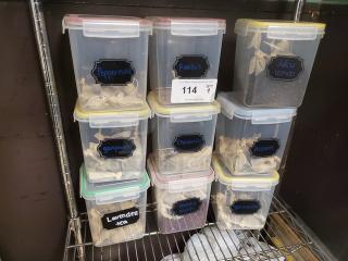 Lot of 9 Plastic Food Storage Containers. Contents inside containers are included. (9xbid)