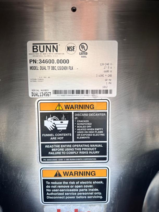 Outstanding Condition Commercial Coffee Brewer – BUNN Dual TF DBC – 120/240V Electric – Heavy-Duty Stainless Steel – Fully Tested & Working! - Image 11 of 11