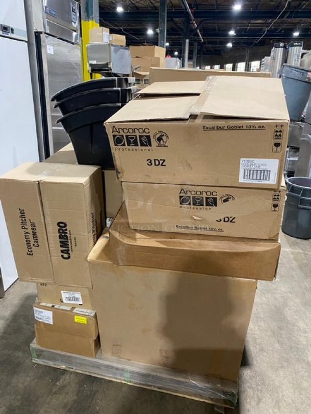 BRAND NEW! MIXED PALLET! Arcoroc Excalibur Series Commercial Clear Fully Tempered 10.5 Oz. Tall Wine Glasses! Model: 71083C! With Hollowick’s Commercial 12 Hour Disposable Votive Liquid Fuel Cell Candle! 144 Per Case! Model: HD12-144! With Hollowick’s Commercial 17 Hour Disposable Liquid Wax Fuel Cell Candle! 48 Per Case! Model: HD17! With Hollowick’s Commercial 8 Hour Disposable Smokeless Liquid Fuel Cell Tealight Candles! 180 Per Case! Model: HD8-180! With Hollowick’s Commercial Clear 36 Hour Disposable Liquid Fuel Cell Votive Candles! 24 Per Case! Model: HD36! With Arcoroc Roc Series Commercial 6” Round Fully Tempered Glass Dessert/Snack Plates! Model: 01166! With Cambro Camwear Series Commercial Economy Pitchers! With Cambro Versa Line Commercial Black Self-Serve Condiment Bin/Stand Set! Model: 6RS6110! With Commercial Brown Double-Sided Booster Seat! & MORE! 41X Your Bid! - Image 1 of 7