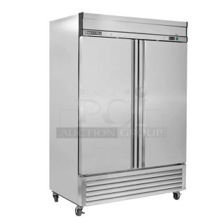 NEW! OUT OF THE BOX! Maxx Cold Commercial Stainless Steel Solid 2 Door Reach-In Refrigerator! Model: MXSR-49FDHC SN: 211993964! 115V 1 Phase! On Casters!