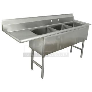 BRAND NEW! Advance Tabco Commercial Stainless Steel 14" Deep 3-Compartment Dish Washing Sink! With 18" Left Side Drainboard! With Back Splash & Rolled Edges! Model: FC-3-1824-18L!