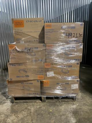 BRAND NEW! Mixed Pallet! World Centric Pla Ingeo Lids For 32oz Burrito Bowl! Model BOL-CS-UBB! World Centric 8.7"x6.7"x3.1" 48oz Laminated Container! Model CT-SC-U3L-LF! 16 X Your Bid!