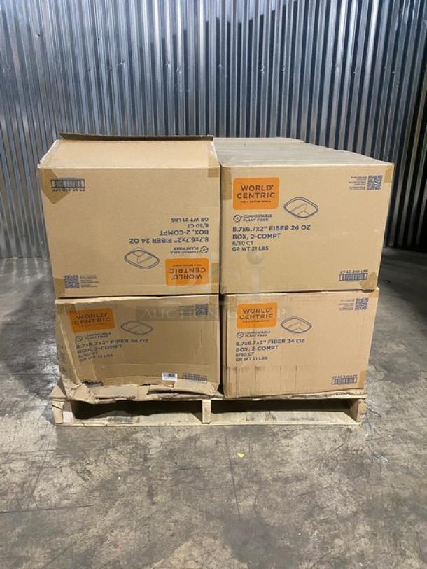 BRAND NEW! Complete Pallet! World Centric 24oz 2 Compartment Containers! Made of Compostable Plant Fiber!  8.7x6.7x2 Inches! Model CT-SC-24D-LFP! 12 X Your Bid! - Image 1 of 11