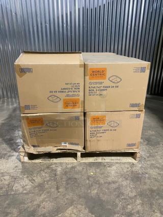 BRAND NEW! Complete Pallet! World Centric 24oz 2 Compartment Containers! Made of Compostable Plant Fiber!  8.7x6.7x2 Inches! Model CT-SC-24D-LFP! 12 X Your Bid!