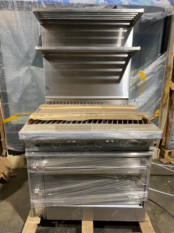BRAND NEW! Jade Range Titan Series Commercial Stainless Steel Natural Gas Powered Heavy Duty 6 Burner Range/Oven Combo! With Wavy/S Grates! With Back Splash & Double Overhead Shelves! Model: JTRH-6-36 SN: 0000068730*P! - Image 1 of 7
