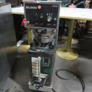 One Bunn Soft Heat Coffee Brewer With FIlter Basket. And Dispenser. Model# Single SH.  120/208 Volt. Hardwired. 9.5X20X36 - Item #1181665