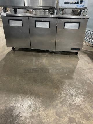 True Commercial Stainless Steel 3 Door Undercounter Worktop Refrigerator! With Poly Coated Wire Rack! Model: TUC-72 SN: 6667530! 115V 1 Phase! On Casters!