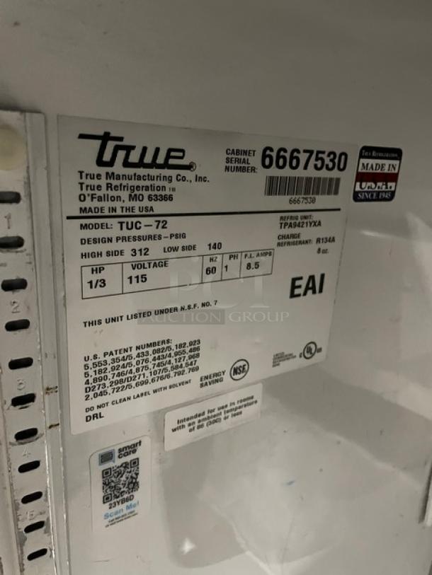 True Commercial Stainless Steel 3 Door Undercounter Worktop Refrigerator! With Poly Coated Wire Rack! Model: TUC-72 SN: 6667530! 115V 1 Phase! On Casters! - Image 7 of 8