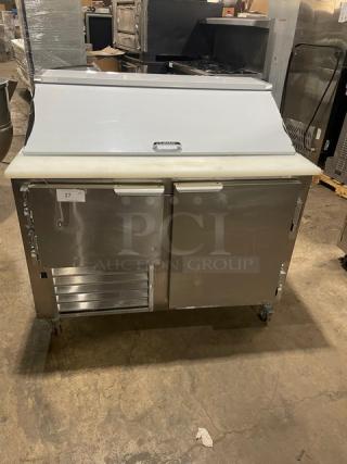 Leader Commercial Stainless Steel 2 Door Refrigerated Bain Marie Style Mega Top Salad/Sandwich Prep Table! With Full Length Cutting Board! Model: LM48 S/C SN: PX07M1904C! 115V 1 Phase! On Casters!