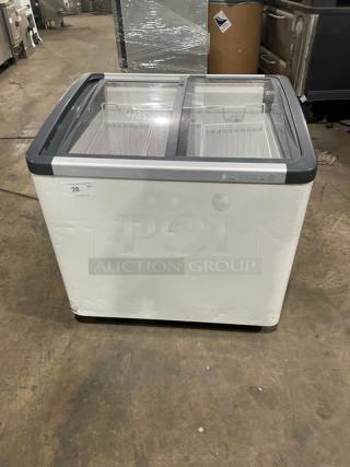 Liebherr Commercial White Curved Double Glass Sliding-Top Ice Cream/Frozen Yogurt Merchandiser Display Chest Freezer! With Poly Coated Wire Baskets! Model: EFI2053 SN: 60.461.459.7! 115V! On Casters! - Item #1181750