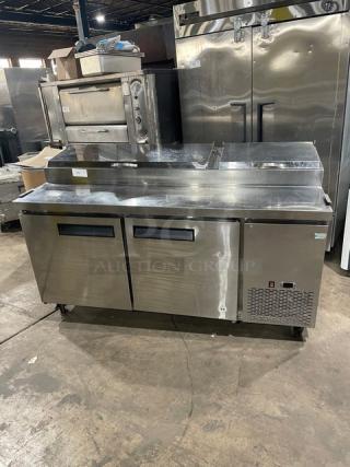 Dukers Commercial Stainless Steel 2 Door Refrigerated Mega Top Pizza Prep Table! With Poly Coated Wire Rack! Model: DPP70 SN: 1114000DUK201217210300004! 115V! On Casters! - Item #1181752