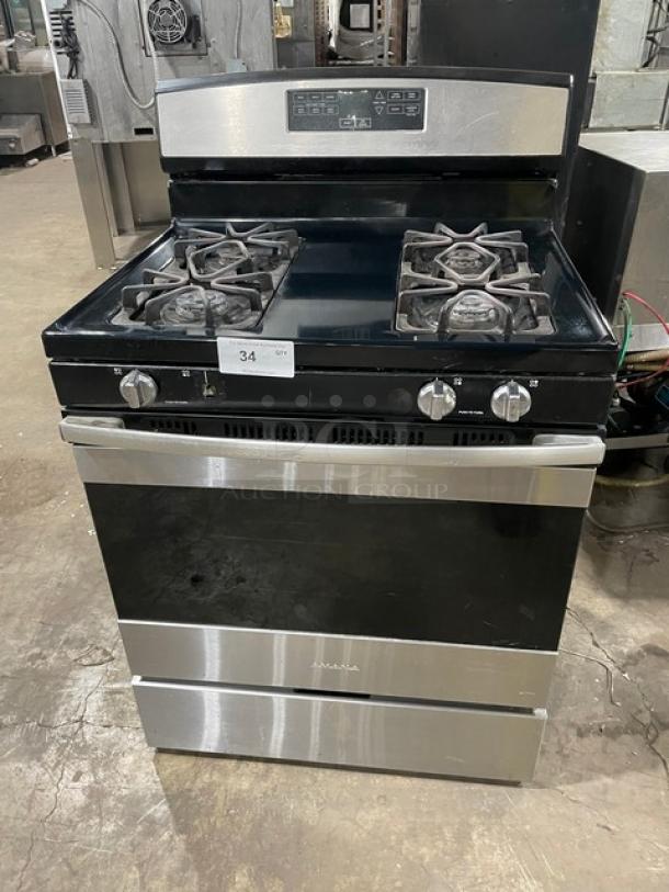 Amana Commercial Stainless Steel/Black Powder Coated Natural Gas Powered 4 Burner Range/Oven Combo! With Wire Oven Racks! - Image 1 of 10