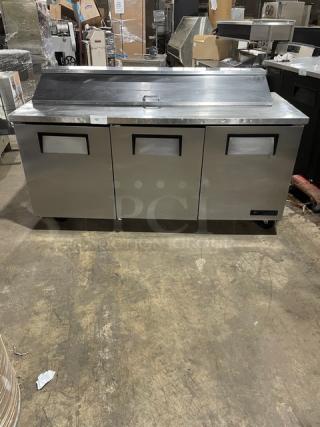 True Commercial Stainless Steel 3 Door Refrigerated Bain Marie Style Mega Top Salad/Sandwich Prep Table! Model: TSSU-72-18 SN: 1-4477558! 115V 1 Phase! On Casters!