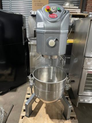 Avantco Commercial Heavy Duty 60 Qt. Planetary Floor Mixer! With Electric Powered Bowl Lift & Mobile Bowl Truck/Equipment Cart On Casters! With Cast Aluminum Dough Hook! With Stainless Steel Mixing Bowl & Wire Whip! Model: 177MX60H SN: 11000124-177MX60H! 240V 3 Phase! - Item #1183452