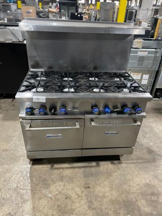 Standard Range Commercial Stainless Steel Natural Gas Powered 8 Burner Range/Double Oven Combo! With Back Splash & Overhead Salamander Shelf! With Wire Oven Rack! On Casters!