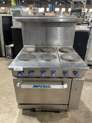 Imperial Commercial Stainless Steel Electric Powered 6 Burner Hot Plate Range/Oven Combo! With Back Splash & Overhead Salamander Shelf! With Wired Oven Rack!