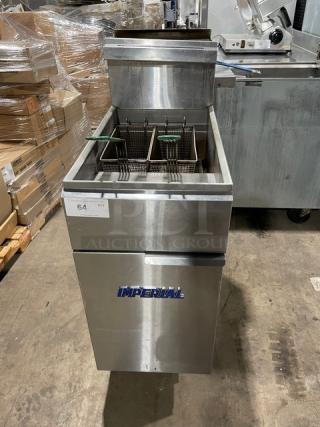 Imperial Range Commercial Stainless Steel Natural Gas Powered 40 Lb. Deep Fat Fryer! With Back Splash & Basket Hanger! With Frying Baskets! Model: IFS-40 SN: 07157822! On Legs!