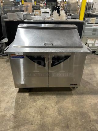 Turbo Air Commercial Stainless Steel 2 Door Refrigerated Bain Marie Style Mega Top Salad/Sandwich Prep Table! With Chrome Plated Wire Racks! Model: TST-48SD-18 SN: KM4189Z006! 115V! On Casters!