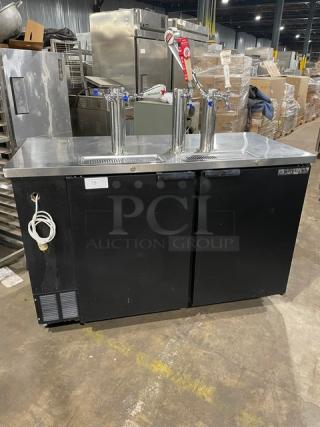 Beverage-Air Commercial Black Powder Coated 2 Door Refrigerated Direct Draw Draft Beer Dispenser/Kegerator! With Stainless Steel Worktop! With 2 Double & 1 Single Tap Dispensing Towers! With Drip Trays! Model: DD58 SN: 9404154! 115V 1 Phase!