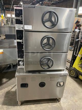 Market Forge A-Cooker Series Commercial Stainless Steel Natural Gas Powered 3 Compartment Steam Broiler Cabinet! With Individual Controls! Model: M36G300A-4SP SN: 220533! 120V 1 Phase! On Legs!