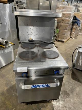Imperial Commercial Stainless Steel Electric Powered 4 Burner Hot Plate Range/Oven Combo! With Back Splash & Overhead Salamander Shelf! With Wire Oven Rack! On Legs!
