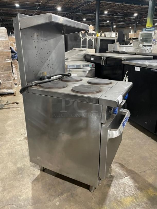 Imperial Commercial Stainless Steel Electric Powered 4 Burner Hot Plate Range/Oven Combo! With Back Splash & Overhead Salamander Shelf! With Wire Oven Rack! On Legs! - Image 2 of 9