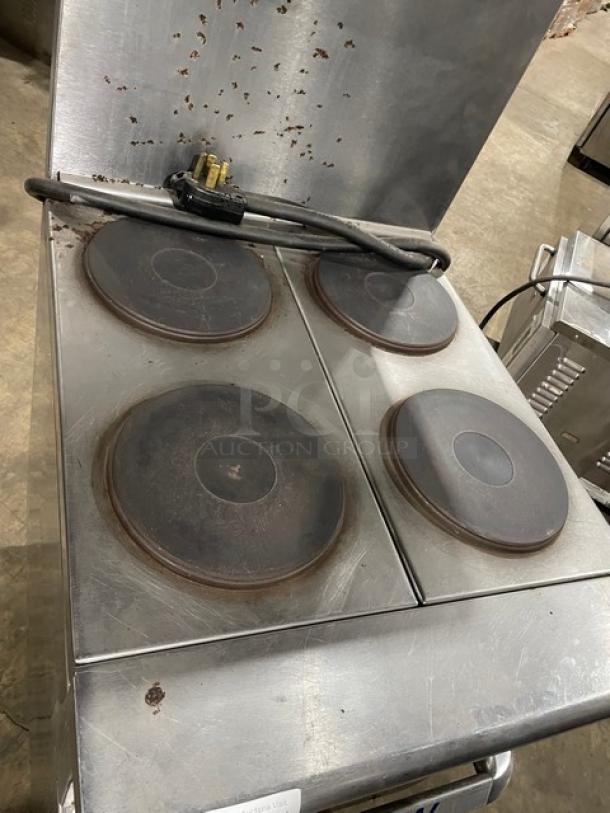 Imperial Commercial Stainless Steel Electric Powered 4 Burner Hot Plate Range/Oven Combo! With Back Splash & Overhead Salamander Shelf! With Wire Oven Rack! On Legs! - Image 5 of 9