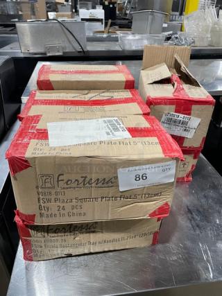 Fortessa Commercial White China 5" Accentz Plaza Square Flat Plates! 24 Per Case! Model: V0818-0113! With Fortessa Commercial White China 11.25"x4" Narrow Rectangular Tavola Tray/Dinnerware! With Handles! 12 Per Case! Model: 5500.F0000.28! ALL ONE MONEY!