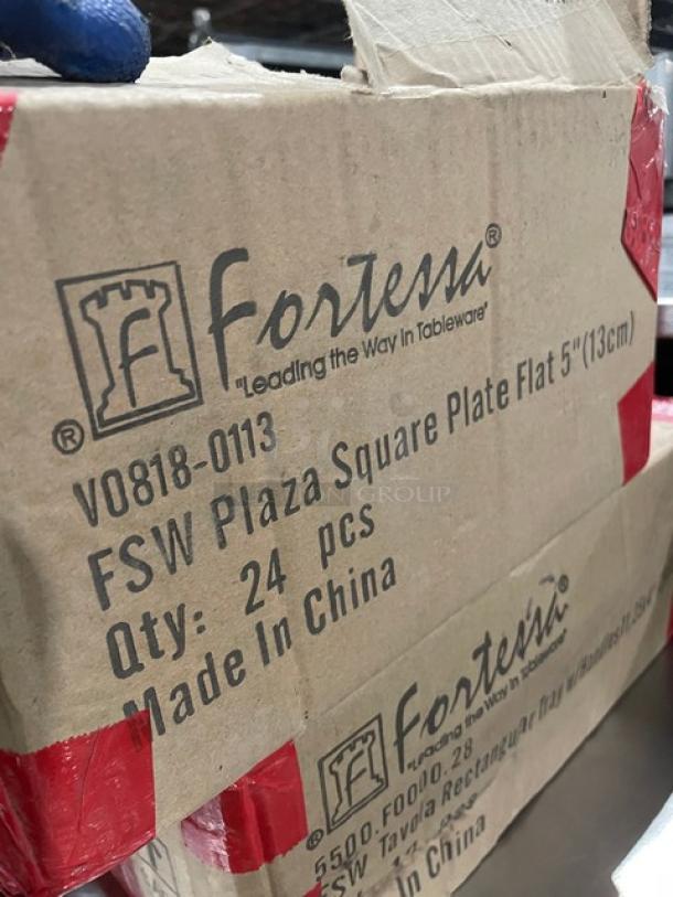 Fortessa Commercial White China 5" Accentz Plaza Square Flat Plates! 24 Per Case! Model: V0818-0113! With Fortessa Commercial White China 11.25"x4" Narrow Rectangular Tavola Tray/Dinnerware! With Handles! 12 Per Case! Model: 5500.F0000.28! ALL ONE MONEY! - Image 2 of 5